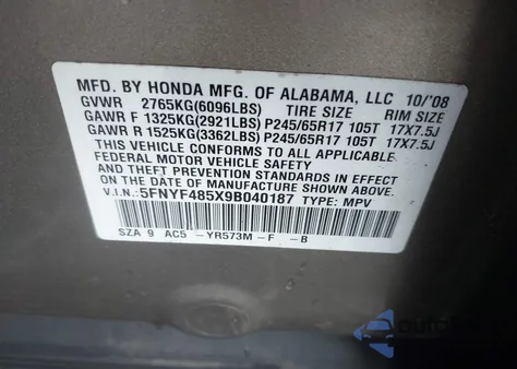 2009 Honda Pilot Ex-L из США, поврежденный, VIN 5FNYF485X9B040187